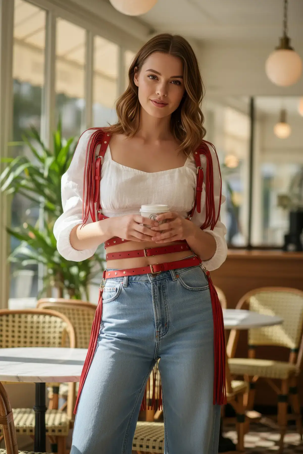 Kırmızı Kadın Kemer Zımbalı Omuz Detaylı Vücut Aksesuarı - Brf1005