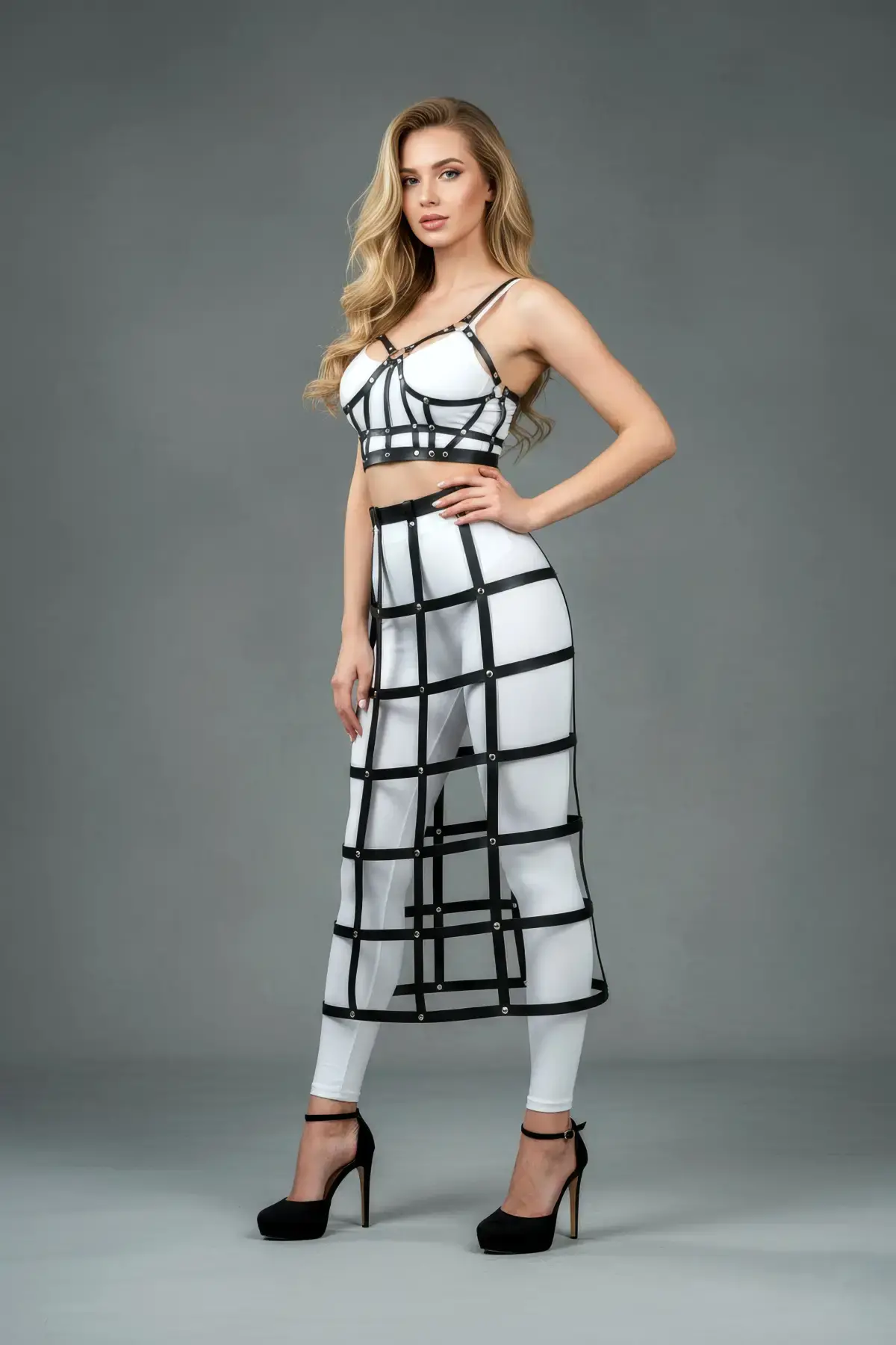 Siyah Etek Suni Deri Etek Kafes Detaylı Etek Midi Boy Deri Etek - Brf1013