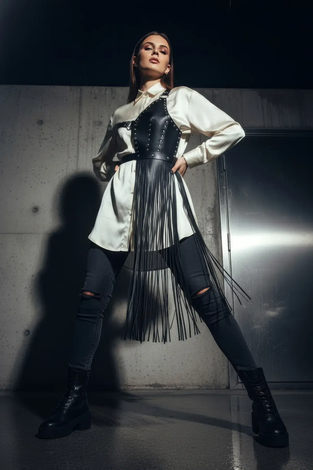 Siyah Etek Deri Zımbalı Asimetrik Püsküllü - Brf1014