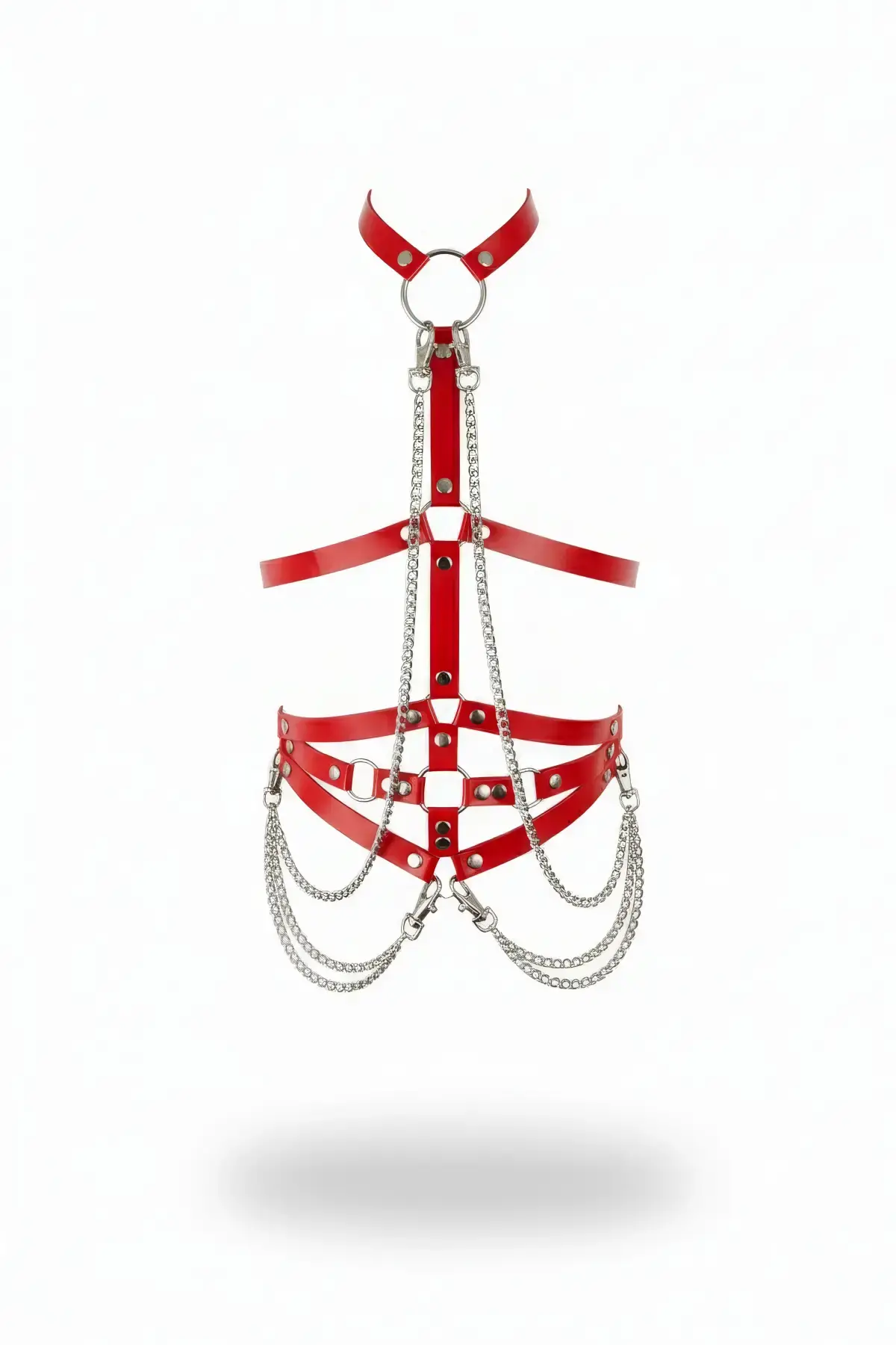 Kırmızı Kadın Kemer Zincir Detaylı Parlak Deri Vücut Kemer - Brf10