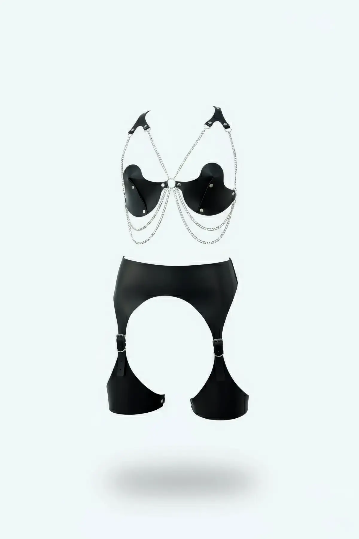 Siyah Harness Takım Zincir Detaylı Suni Deri Jartiyerli - Brf1221