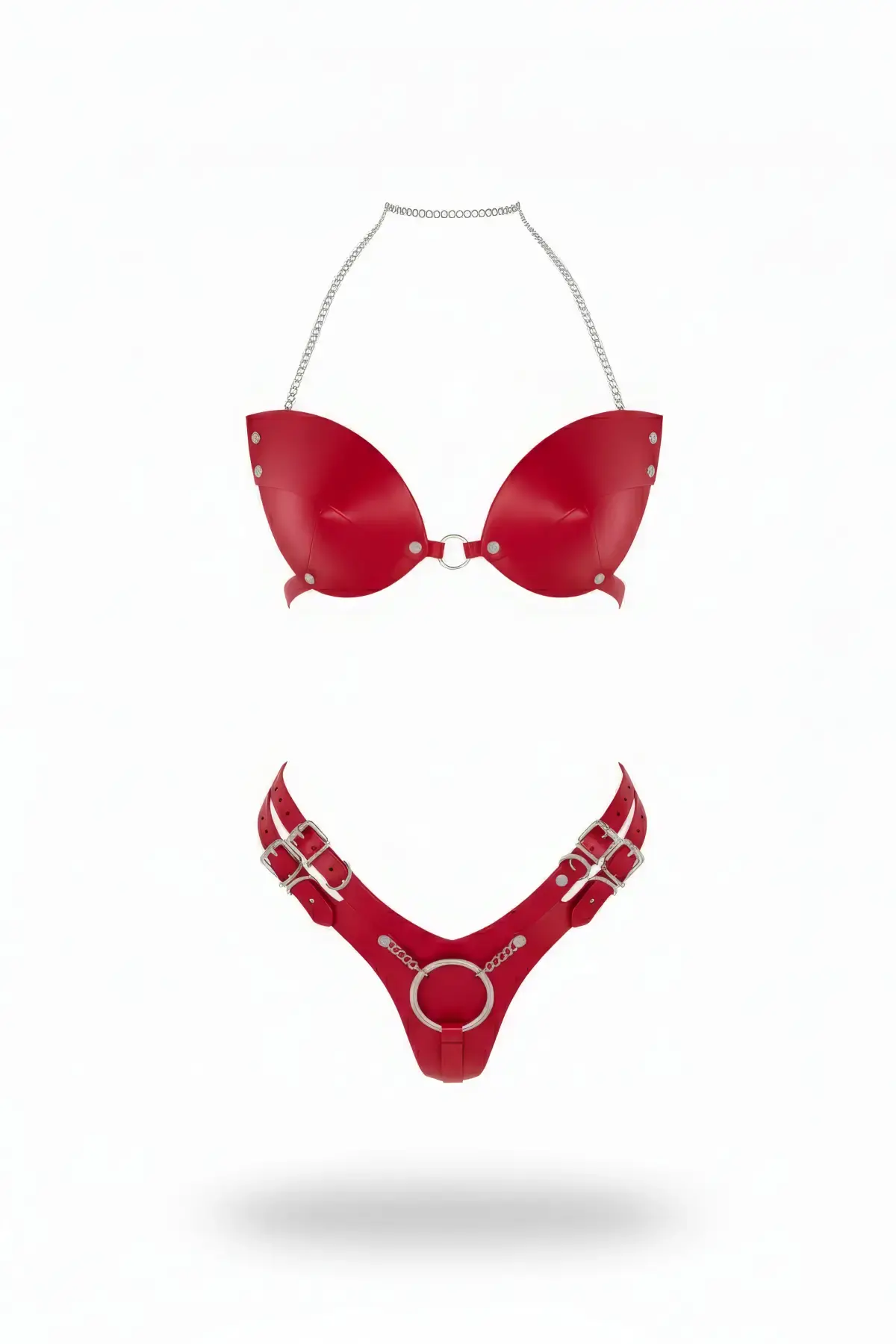Kırmızı Harness Takım Parlak Deri Zincir Boyun Detaylı - Brf1223