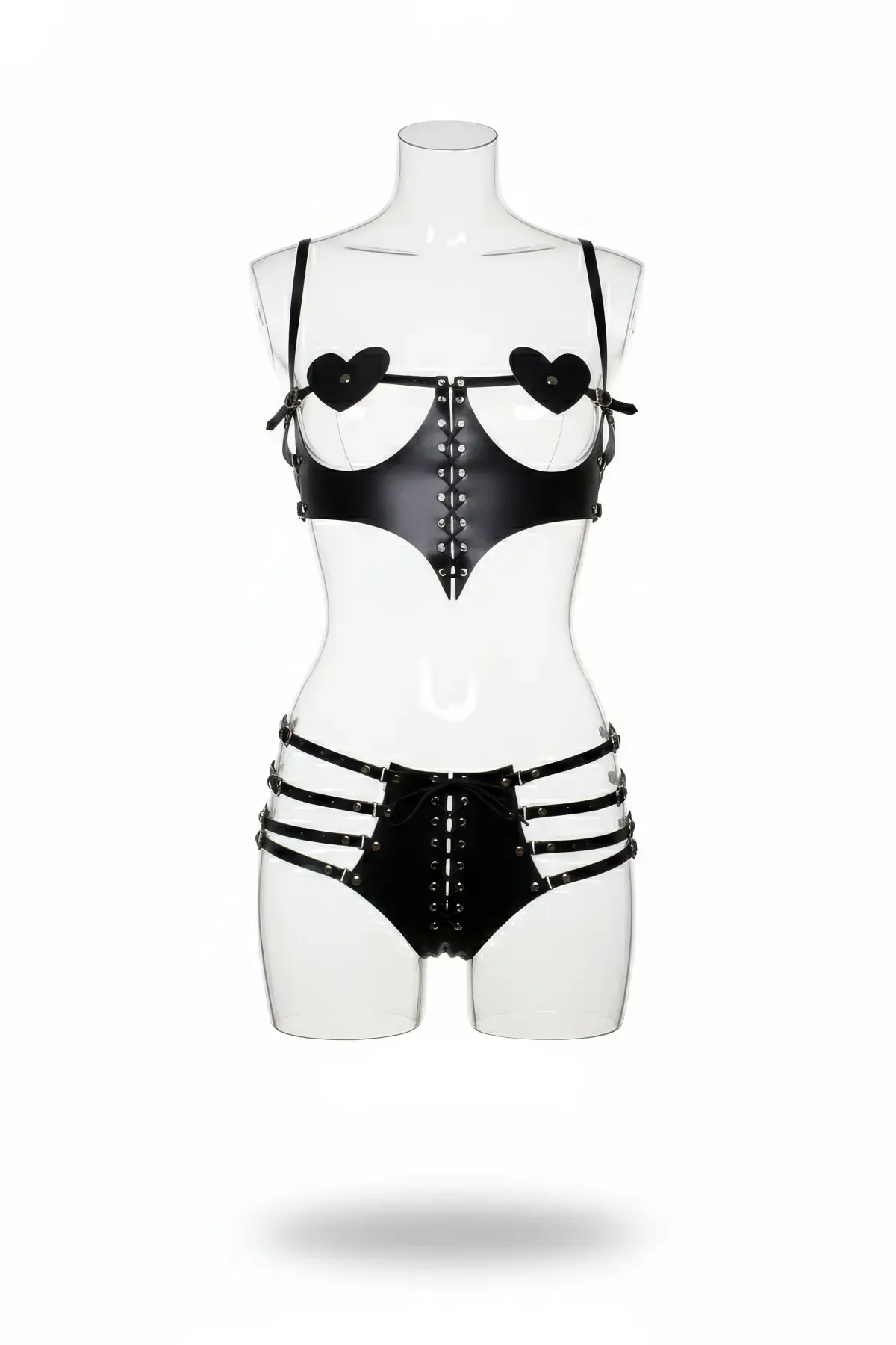 Siyah Harness Takım Deri Kalp Detaylı Bağcıklı - Brf1256