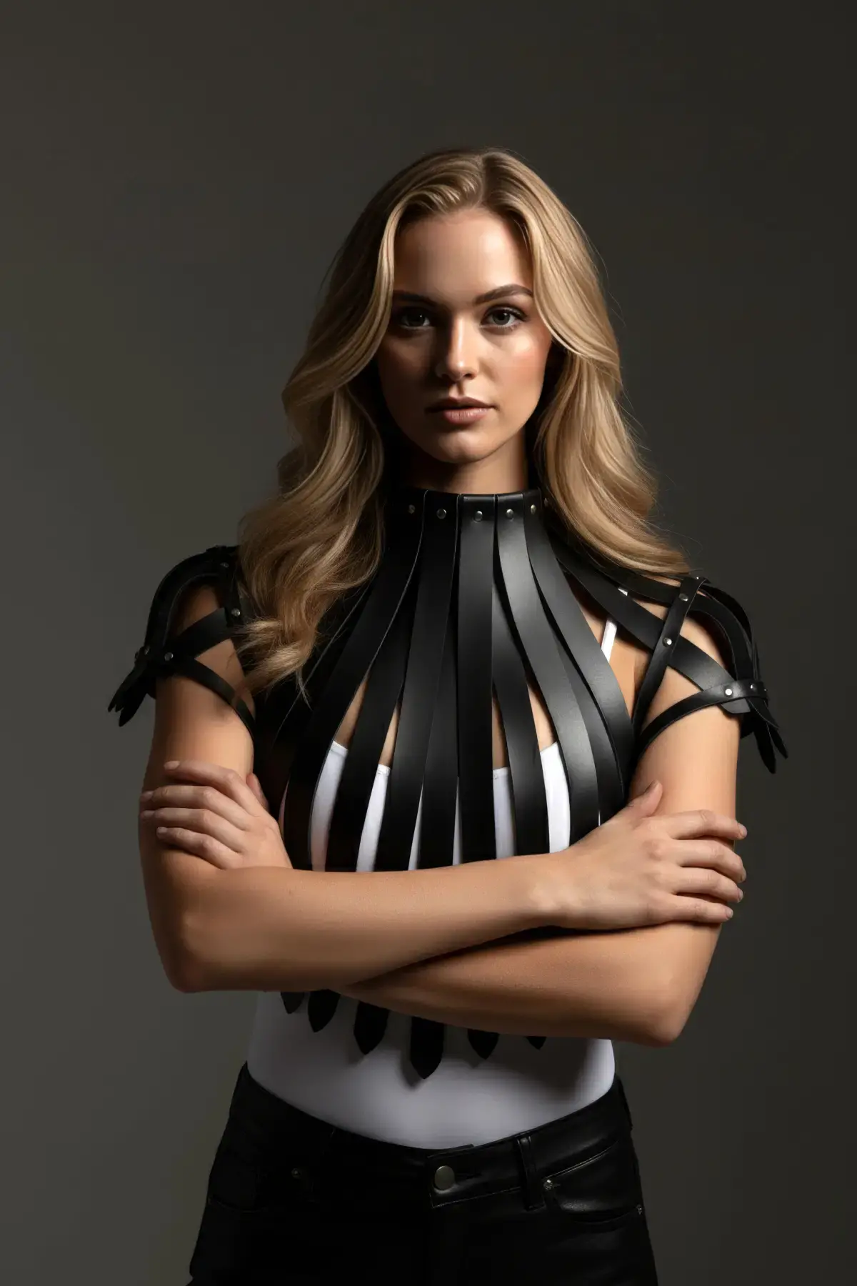 Siyah Kadın Kemer Şerit Detaylı Yüksek Yaka Zımbalı - Brf1257