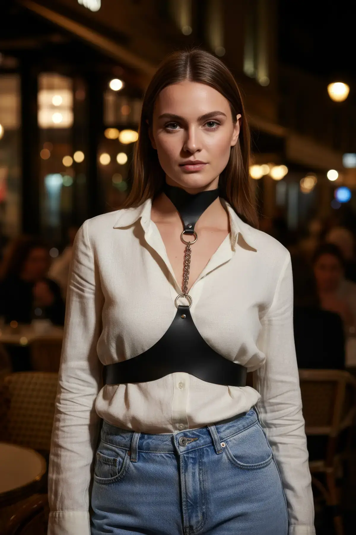 Siyah Kadın Kemer Zincir Detaylı Yüksek Yaka Korse - Brf1265