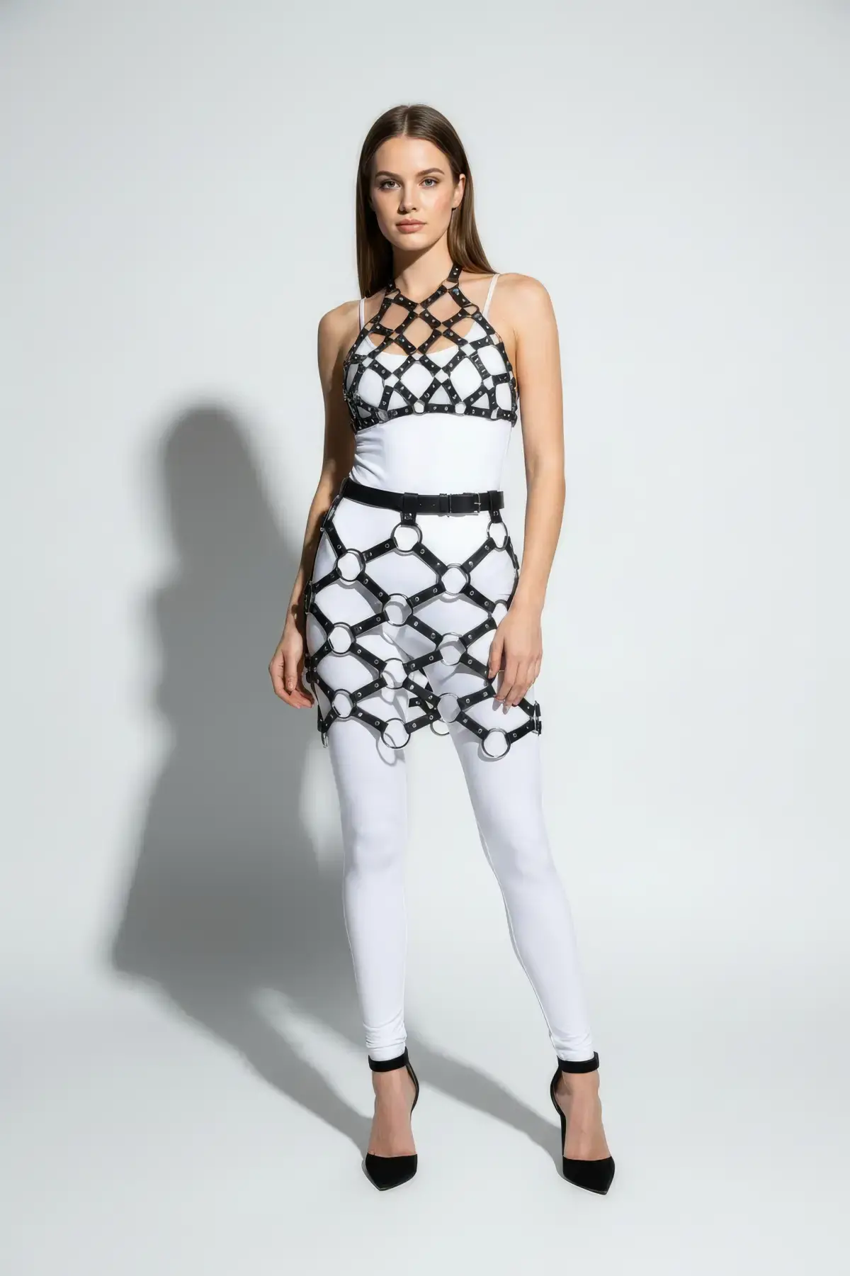 Siyah Etek Metal Halka Detaylı Etek Suni Deri Etek Kafes Yapılı - Brf1289