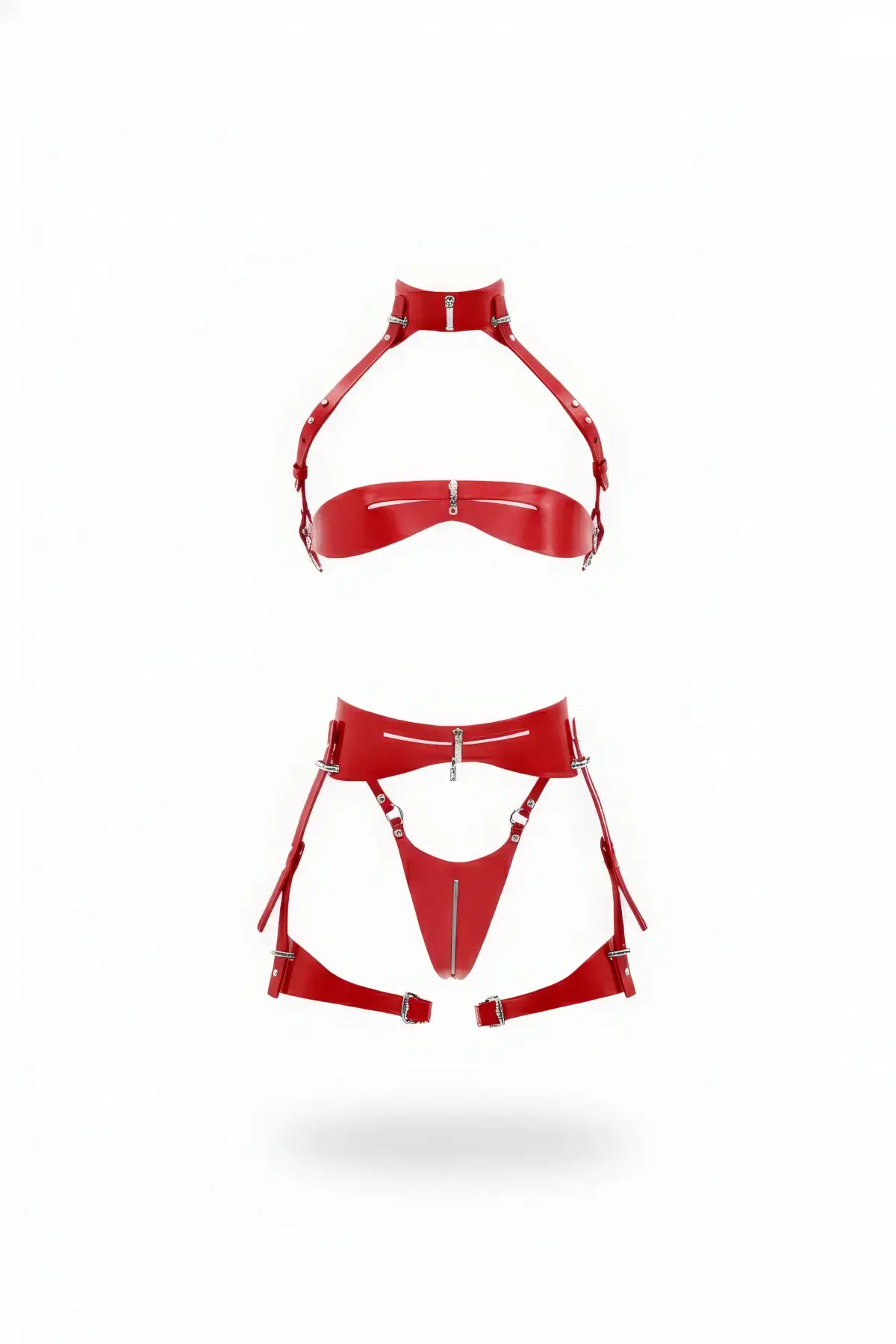 Kırmızı Jartiyer Harness Parlak Deri Fermuarlı Takım - Brf1373