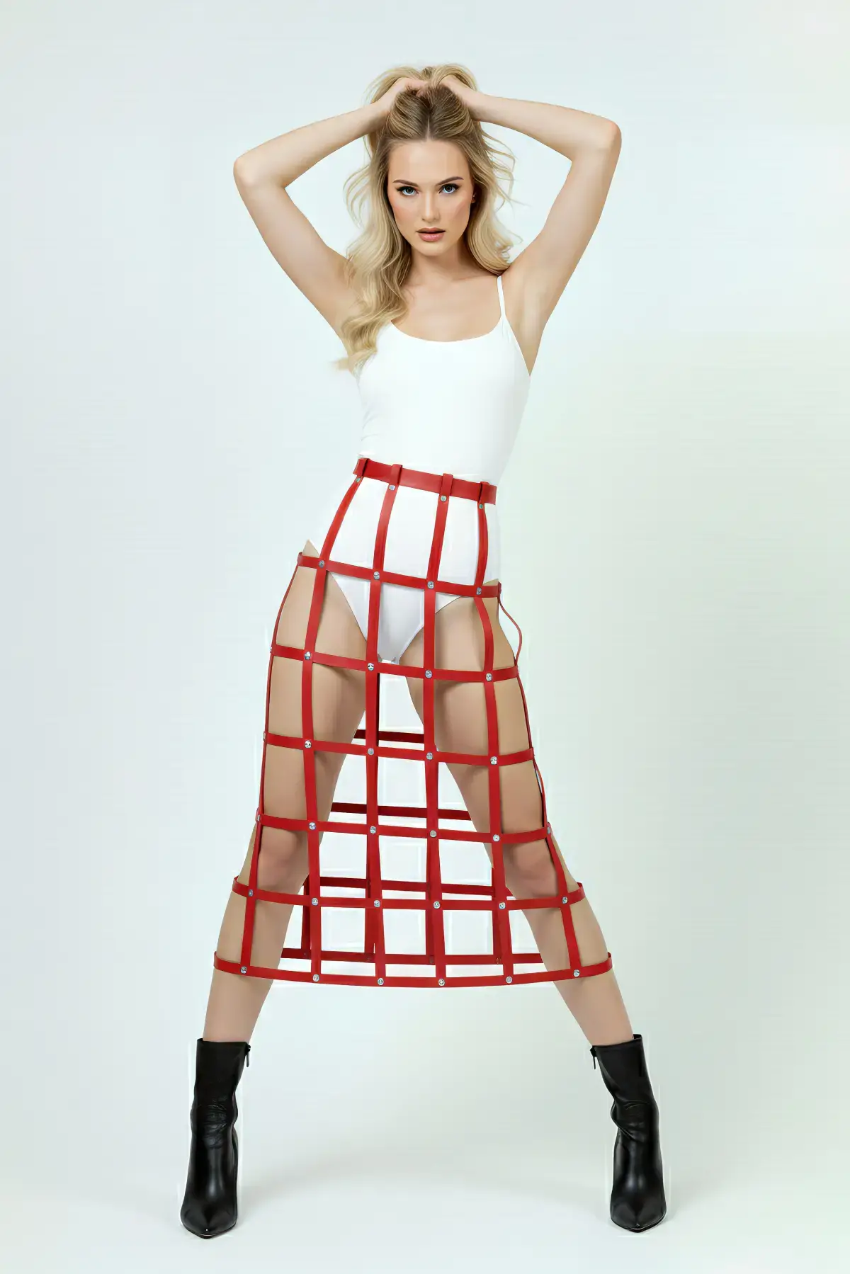 Kırmızı Kadın Kemer Uzun Kafes Detaylı Yüksek Bel - Brf1396