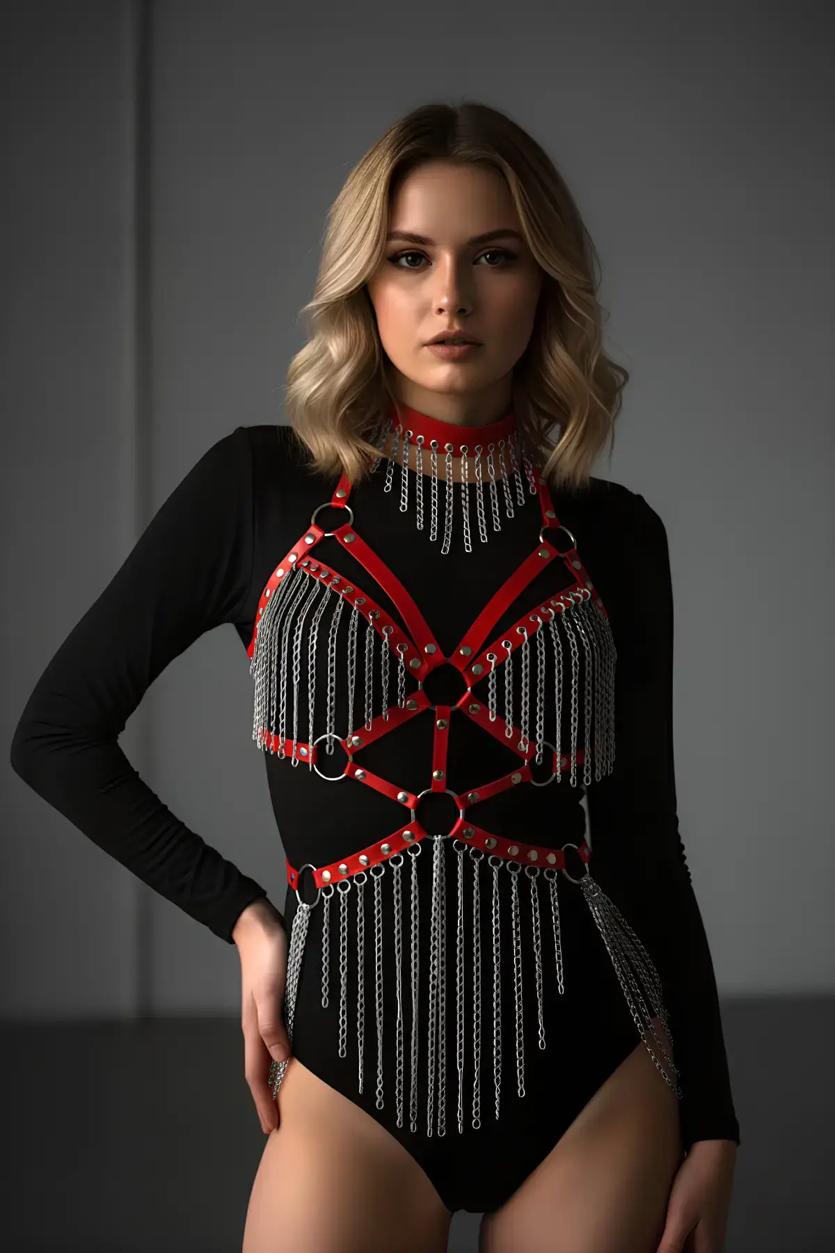 Kırmızı Body Harness Kadın Deri Zincir Detaylı Vücut Aksesuarı - Brf1397