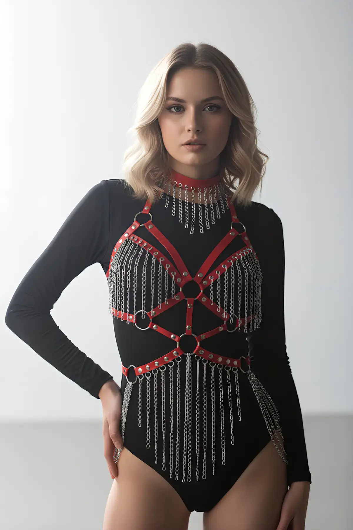 Kırmızı Body Harness Kadın Deri Zincir Detaylı Vücut Aksesuarı - Brf1397