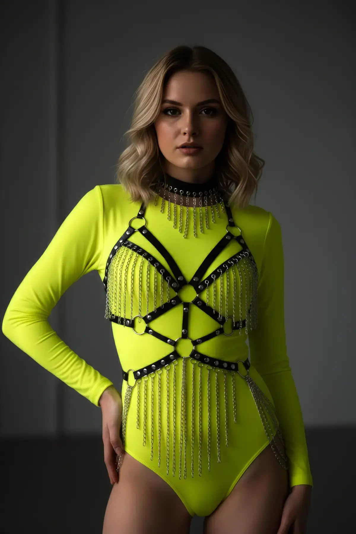 Siyah Body Harness Uzun Zincir Detaylı Vücut Aksesuarı - Brf1397