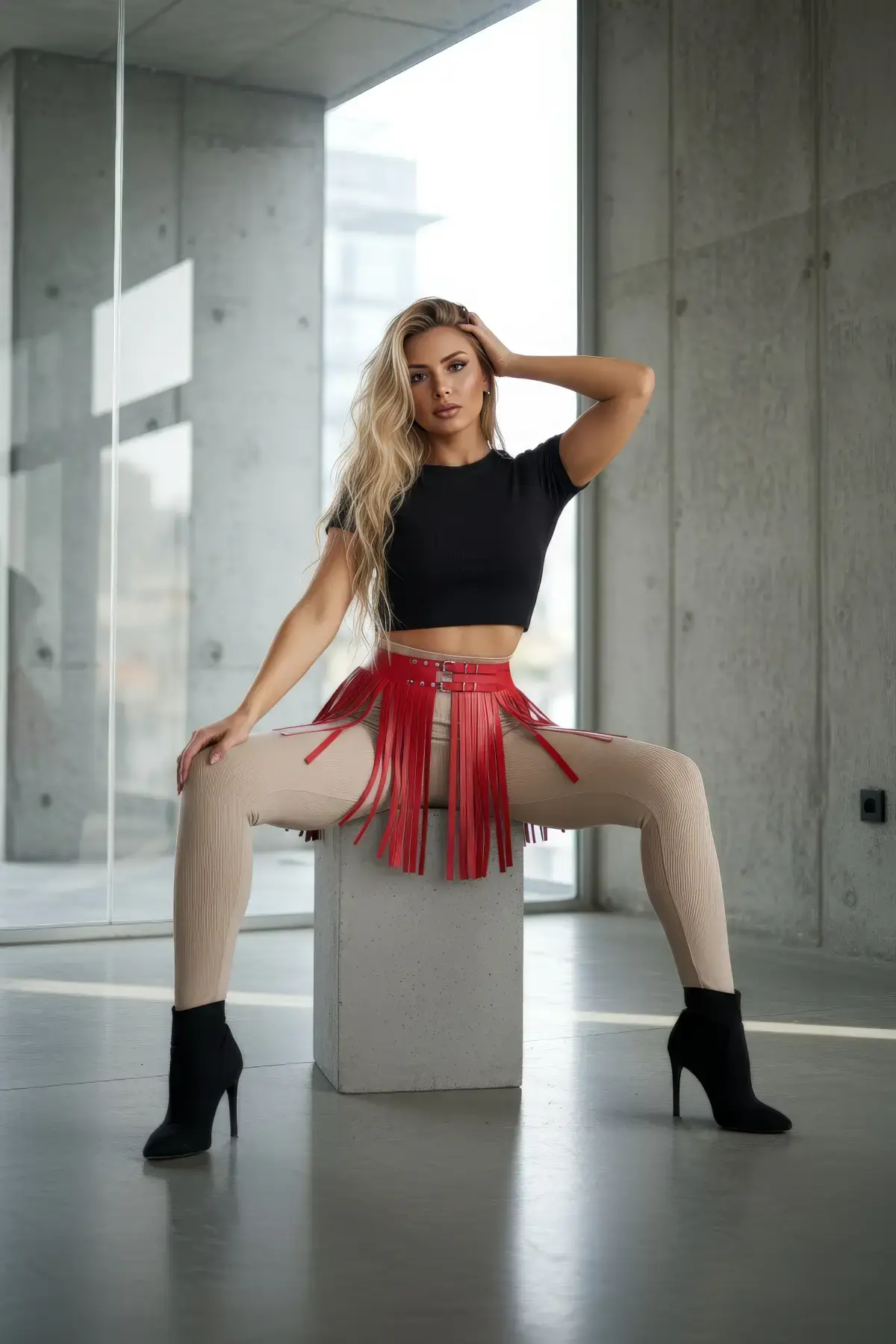 Kırmızı Etek Deri Tokalı Püsküllü Kısa Etek - Brf1400