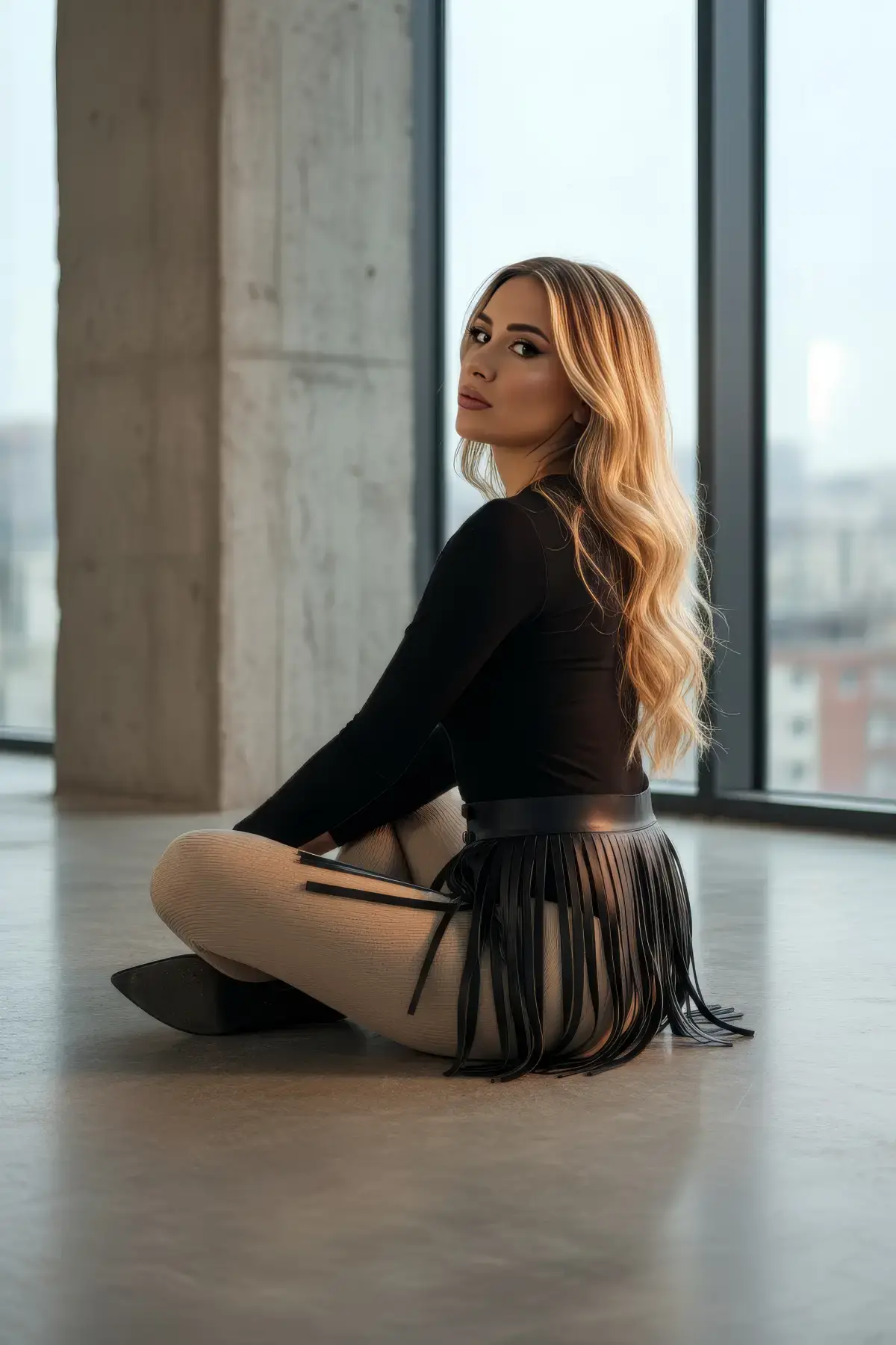 Siyah Etek Suni Deri Etek Püsküllü Mini Etek Boy - Brf1400