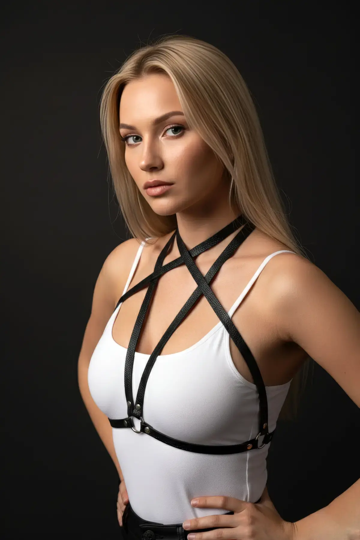 Siyah Kadın Kemer İnce Deri Şeritli Halka Detaylı Vücut Aksesuarı - Brf15