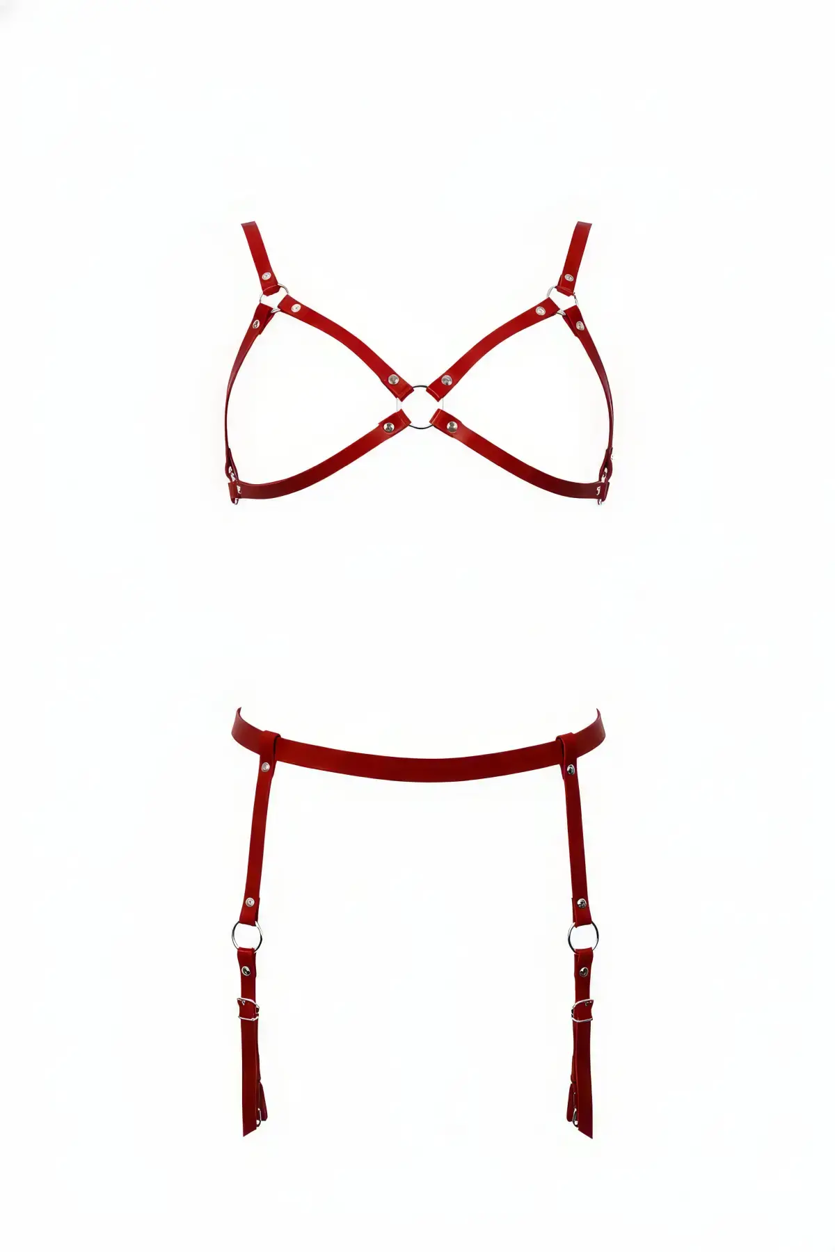 Kırmızı Harness Takım Deri Jartiyer Detaylı Metal Halkalı - Brf228