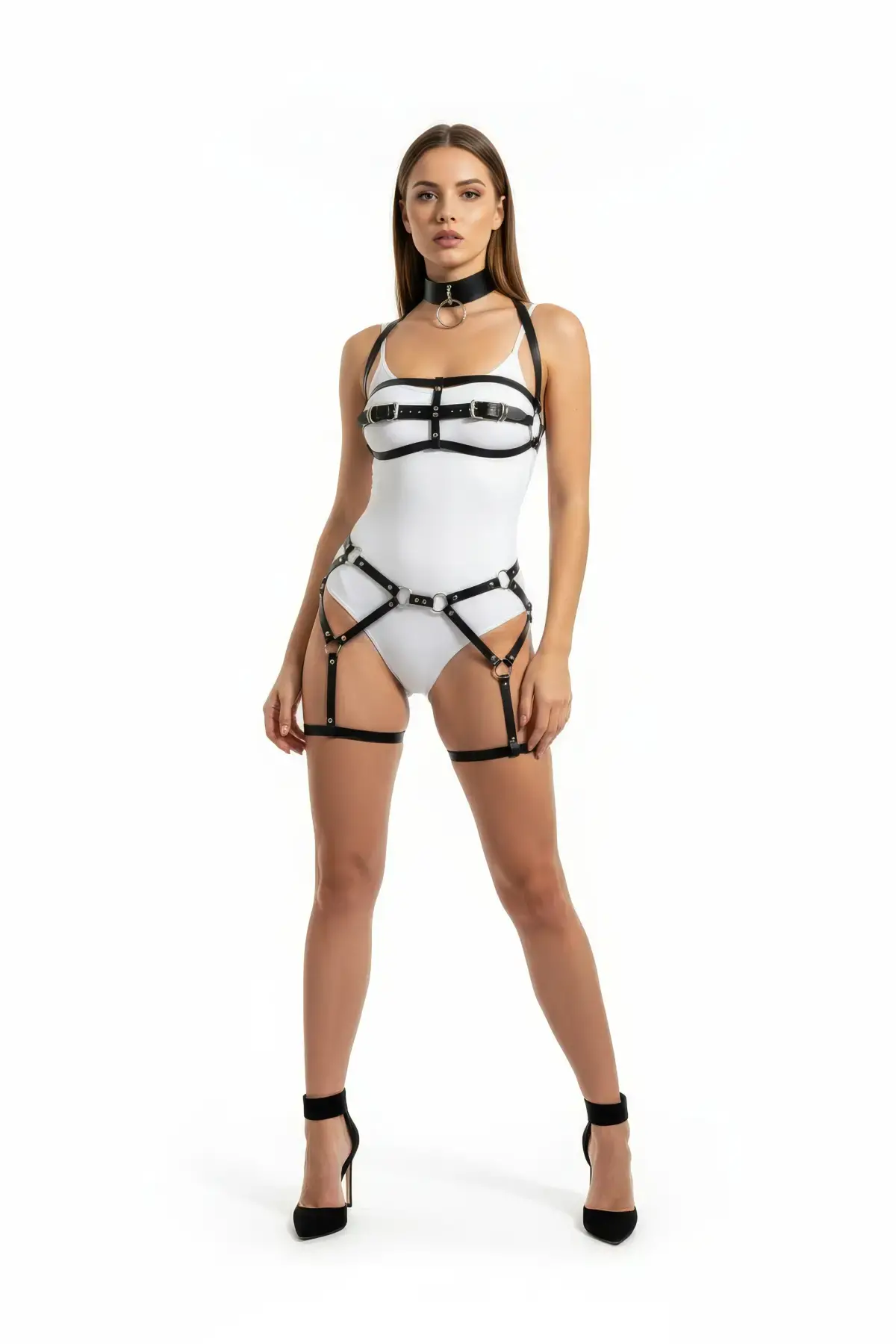 Siyah Harness Takım O Halka Detaylı Deri Vücut Aksesuarı - Brf242