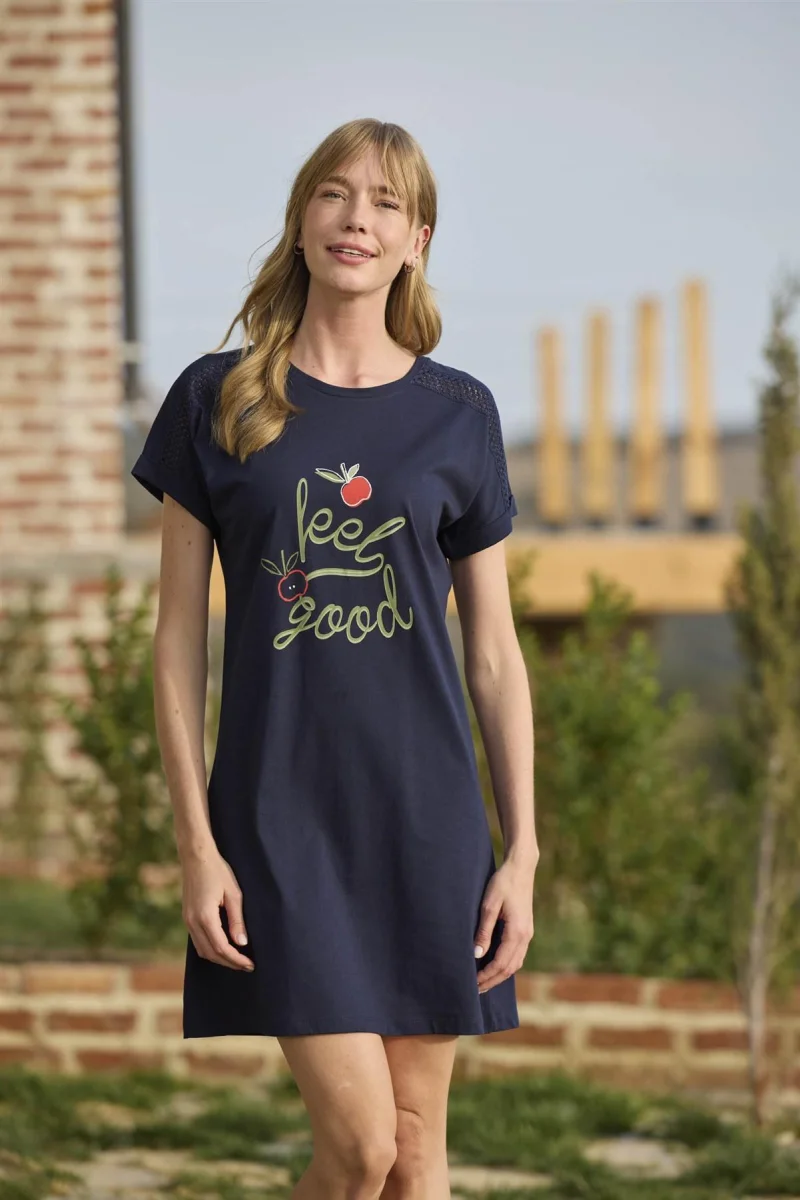 Meyve Ve Yaprak Baskılı Dantelli "feel Good" Gecelik