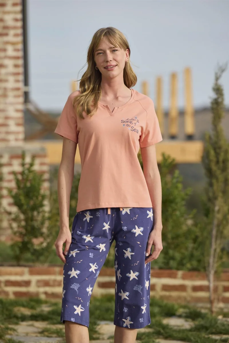 Deniz Yıldızı Desenli Ve Baskılı Önü Düğmeli "listen The Song Of The Sea" Kapri Takımı