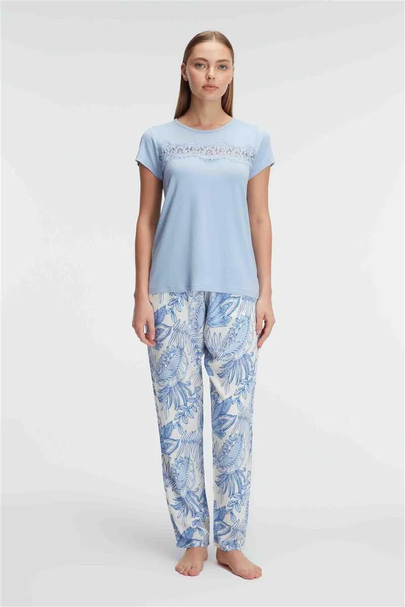 Kısa Kol Bisiklet Yaka Kadın Viskon Çiçek Desenli Yazlık Örme Dantel Detaylı Pijama Takımı