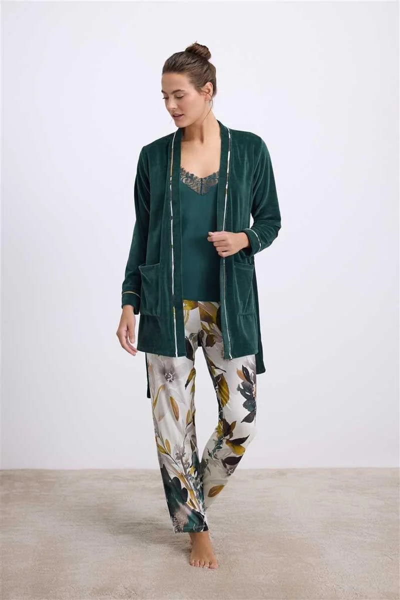 Kadife Sabahlık, Dantelli Atlet Ve Desenli Pantolon Pijama Takımı