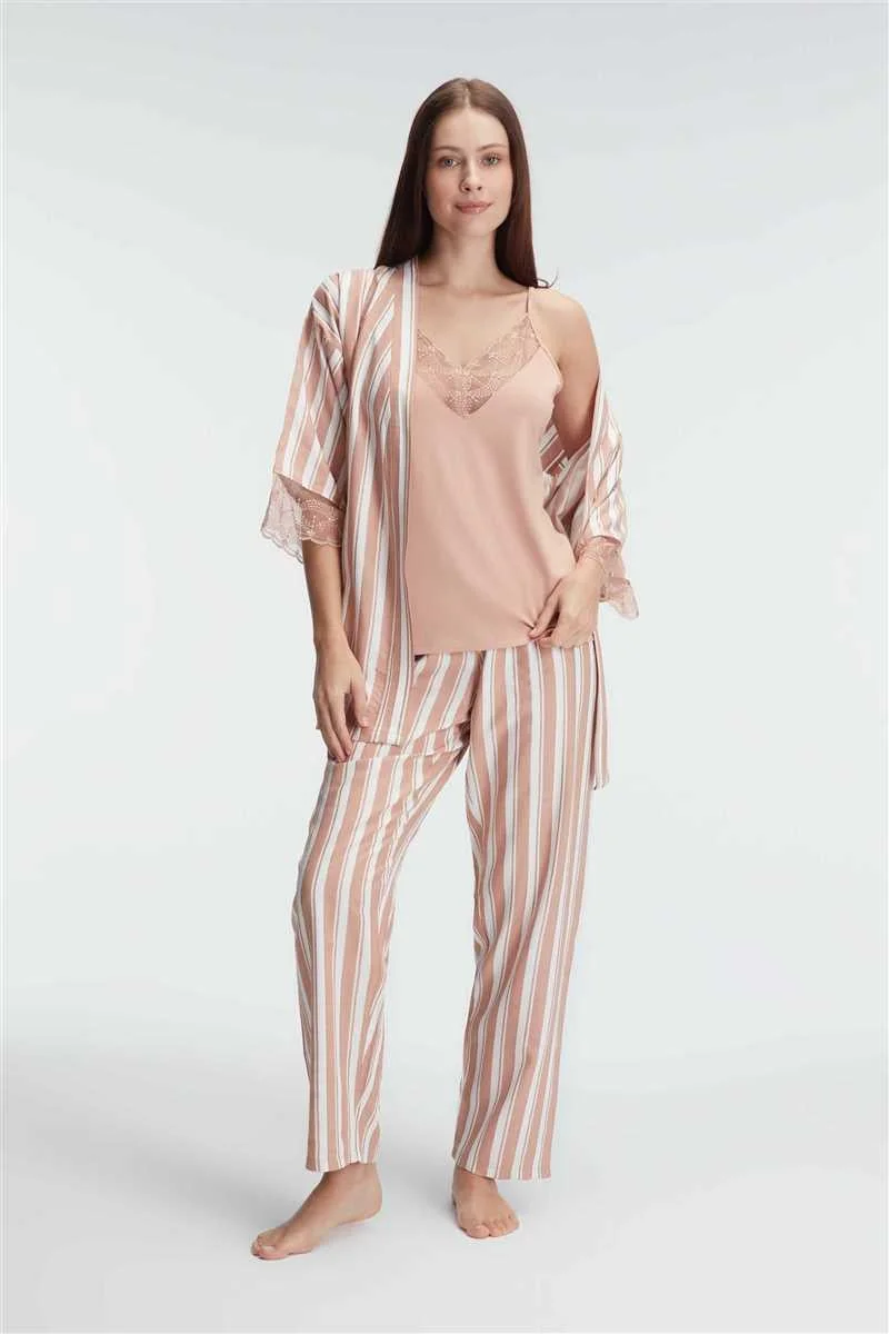 İp Askılı V Yaka Kadın Viskon Çizgili Desenli Yazlık Örme Pijama Sabahlık Takımı